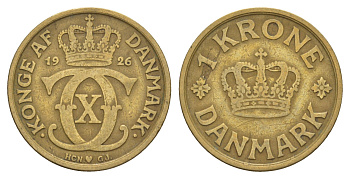 Дания 1 крона 1926 HCN, Кристиан X (1912-1947) KM 824 алюминиевая бронза 4657-345