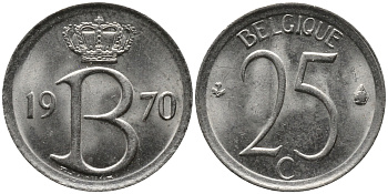 Бельгия 25 сантимов 1970 Belgique, Бодуэн I (1951-1993) KM 153.1 медно-никель 99-421