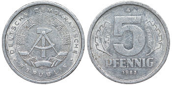 ГДР 5 ПФЕННИГОВ 1983 A КМ 9.2 алюминий 62-447