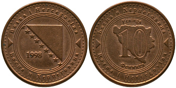 Босния и Герцеговина 10 фенингов 1998 KM 115 сталь плакированная медью 4549-243