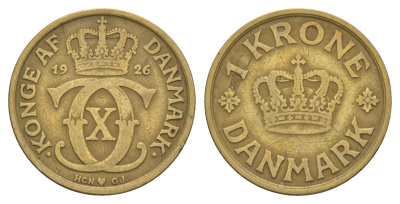 Дания 1 крона 1926 HCN, Кристиан X (1912-1947) KM 824 алюминиевая бронза 4657-345