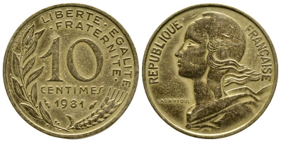 Франция 10 сантимов 1981 тип Марианна KM 929 медь алюминий никель 3461-221