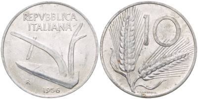 ИТАЛИЯ 10 ЛИР 1956 R, КОЛОСЬЯ, ПЛУГ, РЕДКИЙ ГОД KM 93 алюминий 4551-156