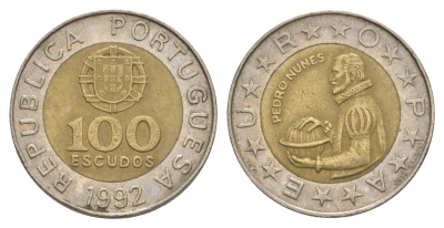 Португалия 100 эскудо 1992 Педру Нуниш (1502-1578), математик KM 645 биметалл 4390-921