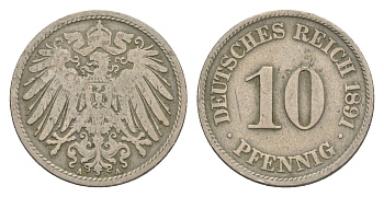 Германия 10 пфеннигов 1891 A, Вильгельм II (1888-1918) KM 12, J. 13 медно-никель 4647-868