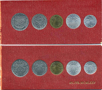Ватикан набор из 5 монет 1975 5, 10, 20, 50, 100 лир, в картоне KM MSA80 (KM 126-130) UNC 5-4-3-14