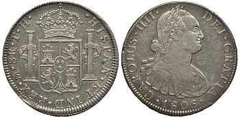 Мексика 8 реалов 1806 TH, Mo, монетный двор Мехико, Карл IV Испанский (1788-1808) состояние KM 109 серебро 00-811-38