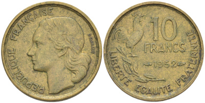 Франция 10 франков 1952 петух KM 915.1, Le Franc 363.4 алюминиевая бронза 187-732