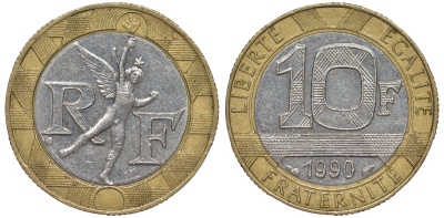 Франция 10 франков 1990 тип Гений Бастилии KM 964.1, Le Frank 375.5 биметалл 45-725