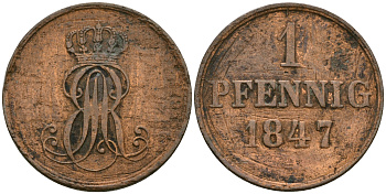 Ганновер 1 пфенниг 1847 A, Эрнст Август (1837-1851) KM 201.2, AKS 130, J. 74 медь 08-1445