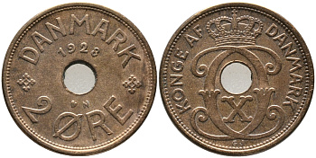 ДАНИЯ 2 ЭРЕ 1928 N; GJ, КРИСТИАН X (1912-1947) KM 827.2 бронза 28-1031
