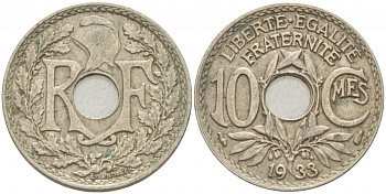 ФРАНЦИЯ 10 САНТИМОВ 1933 ТИП ЛИНДАЙЁ KM 866а медно-никель 4402-811