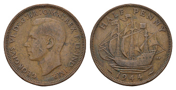 Великобритания 1/2 пенни 1944 Георг VI (1936-1952) KM 844, Spink 4115 бронза 4675-421