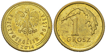 Польша 1 грош 2014 KM 923 сталь плакированная латунью aUNC 4567-856