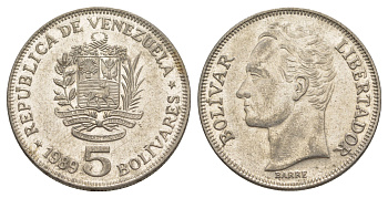 Венесуэла 5 боливаров 1989 Симон Боливар, тонкий шрифт Y 53a.1 сталь плакированная никелем 4583-821