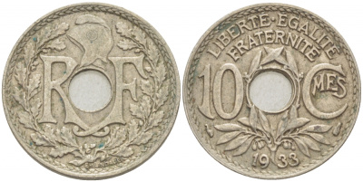 ФРАНЦИЯ 10 САНТИМОВ 1933 ТИП ЛИНДАЙЁ KM 866а медно-никель 4402-811