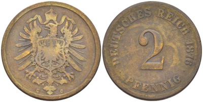 Германия 2 пфеннига 1876 C, старогербовка KM 2, Jager 2, Weege 3 медь 212-613