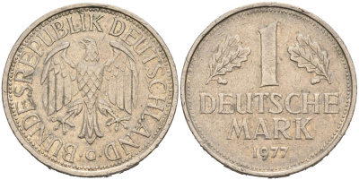 ФРГ 1 МАРКА 1977 G KM 110, J. 385 медно-никель 92-917