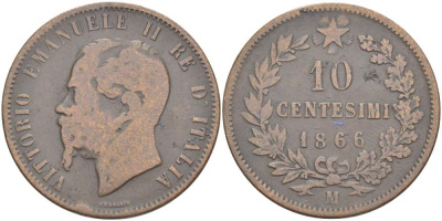 ИТАЛИЯ 10 ЧЕНТЕЗИМО 1866 M, МОНДВОР МИЛАН, ВИКТОР ЭММАНУИЛ II (1861-1878) KM 11.1 медь 4526-742