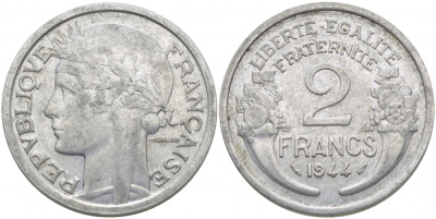 ФРАНЦИЯ 2 ФРАНКА 1944 KM 886а.1 алюминий 114-743