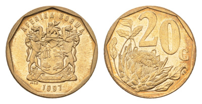 ЮАР 20 центов 1997 герб, цветок протея KM 162 сталь плакированная латунью UNC 4694-857