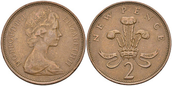 Великобритания 2 пенса 1971 Елизавета II (1952-2022) KM 916, Spink 4235 (C1) бронза 4593-823