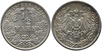 ГЕРМАНИЯ 1/2 МАРКИ 1905 J KM 17, J. 16, Weege 16 серебро 4448-754