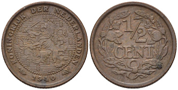 НИДЕРЛАНДЫ 1/2 ЦЕНТА 1940 ВИЛЬГЕЛЬМИНА (1890-1948) KM 138 бронза 39-244