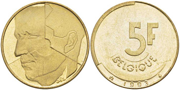 БЕЛЬГИЯ 5 ФРАНКОВ 1993 BELGIQUE, БОДУЭН I (1951-1993) KM 163 латунь или алюминиевая бронза 4364-4412
