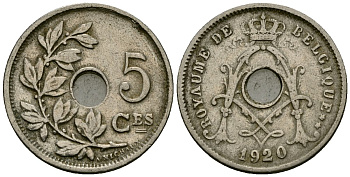 Бельгия 5 сантимов 1920 Belgique KM 66 медно-никель 4173-456