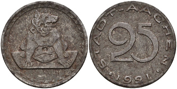 Германия, Аахен 25 пфеннигов 1921 нотгельд, собака железо 4592-854