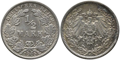 ГЕРМАНИЯ 1/2 МАРКИ 1905 J KM 17, J. 16, Weege 16 серебро 4448-754