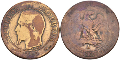 Франция 5 сантимов 1855 А, Наполеон III (1852-1870) KM 777.1 бронза    4153-344