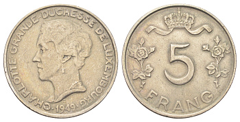 Люксембург 5 франков 1949 год-тип, Шарлотта (1918-1964) KM 50 медно-никель 4646-1257
