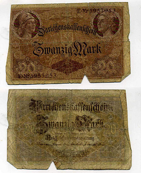 ГЕРМАНИЯ 20 МАРОК 1914 5 АВГУСТА 1914, СЕМИЗНАЧНЫЙ НОМЕР Pick 48b бумага 6283-50-2