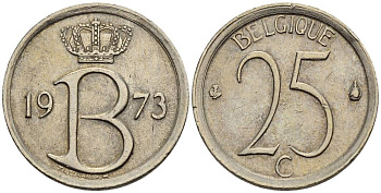 БЕЛЬГИЯ 25 САНТИМОВ 1973 BELGIQUE KM 153.1 медно-никель 4528-1026