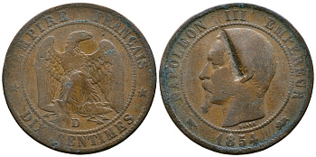 ФРАНЦИЯ 10 САНТИМОВ 1854 D, НАПОЛЕОН III (1852-1870) KM 771.4 бронза 4179-433