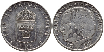 Швеция 1 крона 1992 Карл XVI Густав (1973- ) KM 852a медно-никель 4384-1013