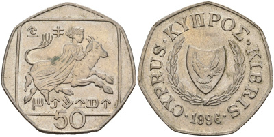 Кипр 50 центов 1996 похищение Европы KM 66 медно-никель 4141-1243