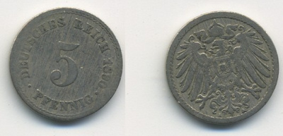 ГЕРМАНИЯ 5 ПФЕННИГОВ 1890 A, KM 11, J. 12 медно-никель 54-744