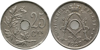 БЕЛЬГИЯ 25 САНТИМОВ 1927 BELGIE KM 69 медно-никель 91-514