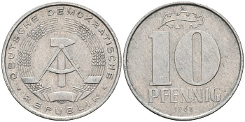 ГДР 10 пфеннигов 1968 А KM 10 алюминий 4571-654