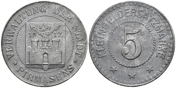 ГЕРМАНИЯ ПФАЛЬЦ ФЕРВАЛЬТУНГ ПИРМАСЕНС 5 ПФЕННИГОВ 1917 КЛЯЙНГЕЛЬД цинк 75-1564