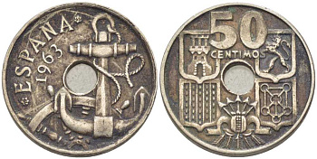 ИСПАНИЯ 50 СЕНТИМО 1963 (65) ФРАНСИСКО ФРАНКО ДИКТАТОР ИСПАНИИ (1939-1975), МОРСКАЯ АТРИБУТИКА KM 777 медно-никель 116-1053