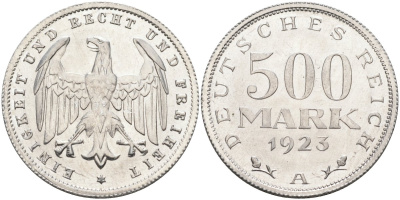 Германия 500 марок 1923 А KM 36, J.305 алюминий UNC 4587-431