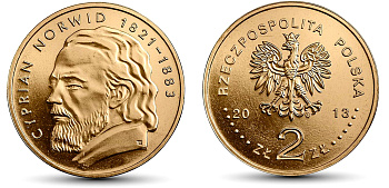 Польша 2 злотых 2013 MW, Циприан Камиль Норвид KM 856 нордик UNC 4676-946