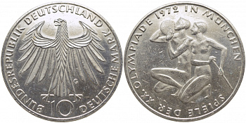 ФРГ 10 марок 1972 G, XX летние Олимпийские Игры, Мюнхен 1972, спортсмены KM 132, J. 403 серебро 109-725