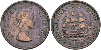 ЮАР 1 пенни 1957 Елизавета II (1952-) KM 46 бронза 4368-522