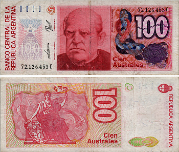 Аргентина 100 аустралей 1990 СЕРИЯ С 72126, Фаустино Сармьенто, Аргентинский военный деятель, масон Pick 327c бумага 6293-17-2-2