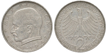 ФРГ 2 марки 1958 F, Макс Планк KM 116, J. 392 медно-никель плакированный никелем 4137-1015